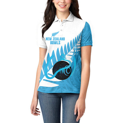 New Zealand Lawn Bowls Prostate Cancer Custom Women Polo Shirt Aotearoa Maori Silver Fern Blue Ribbon