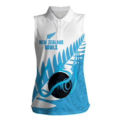 New Zealand Lawn Bowls Prostate Cancer Custom Women Sleeveless Polo Shirt Aotearoa Maori Silver Fern Blue Ribbon