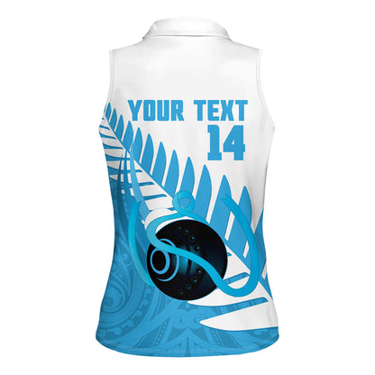 New Zealand Lawn Bowls Prostate Cancer Custom Women Sleeveless Polo Shirt Aotearoa Maori Silver Fern Blue Ribbon