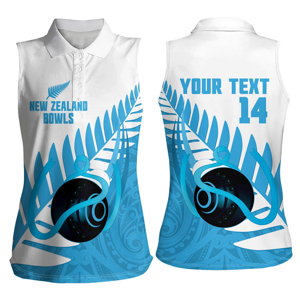 New Zealand Lawn Bowls Prostate Cancer Custom Women Sleeveless Polo Shirt Aotearoa Maori Silver Fern Blue Ribbon