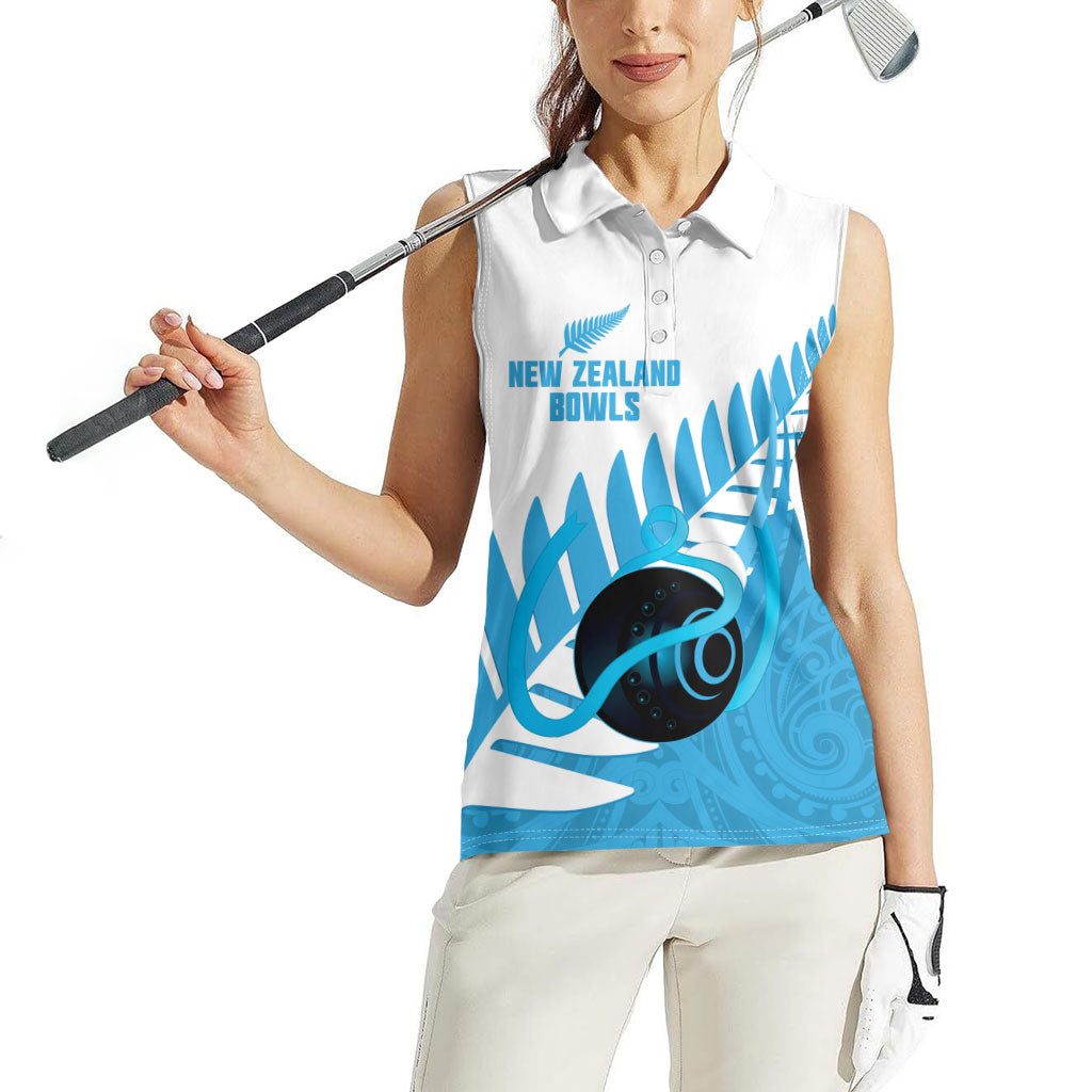 New Zealand Lawn Bowls Prostate Cancer Custom Women Sleeveless Polo Shirt Aotearoa Maori Silver Fern Blue Ribbon