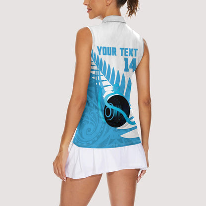 New Zealand Lawn Bowls Prostate Cancer Custom Women Sleeveless Polo Shirt Aotearoa Maori Silver Fern Blue Ribbon