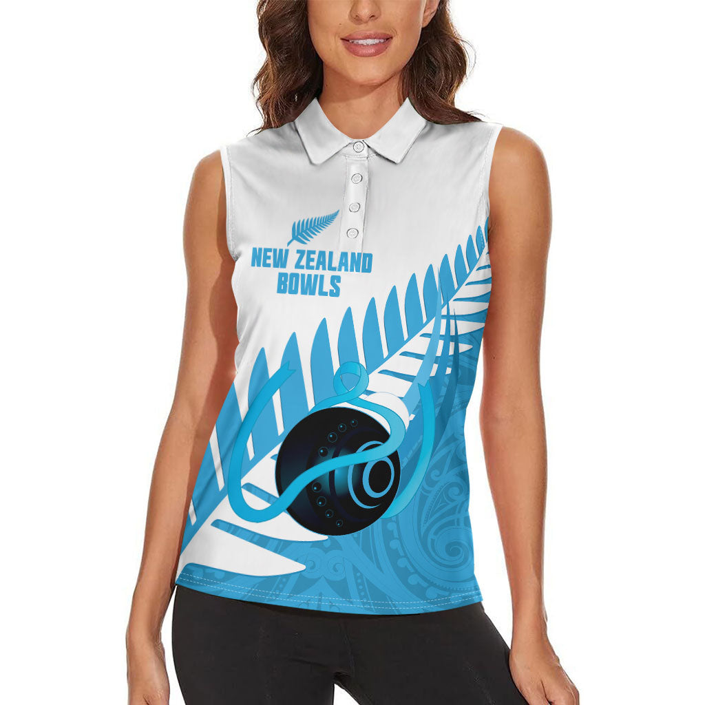 New Zealand Lawn Bowls Prostate Cancer Custom Women Sleeveless Polo Shirt Aotearoa Maori Silver Fern Blue Ribbon