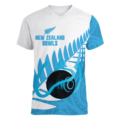New Zealand Lawn Bowls Prostate Cancer Custom Women V-Neck T-Shirt Aotearoa Maori Silver Fern Blue Ribbon