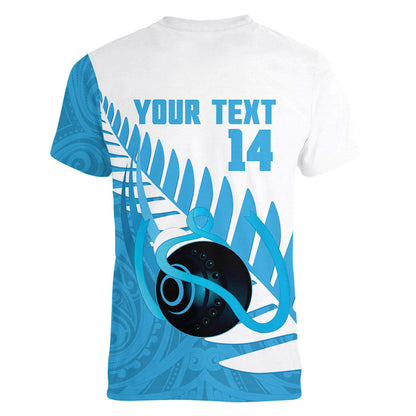 New Zealand Lawn Bowls Prostate Cancer Custom Women V-Neck T-Shirt Aotearoa Maori Silver Fern Blue Ribbon