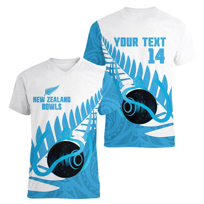 New Zealand Lawn Bowls Prostate Cancer Custom Women V-Neck T-Shirt Aotearoa Maori Silver Fern Blue Ribbon