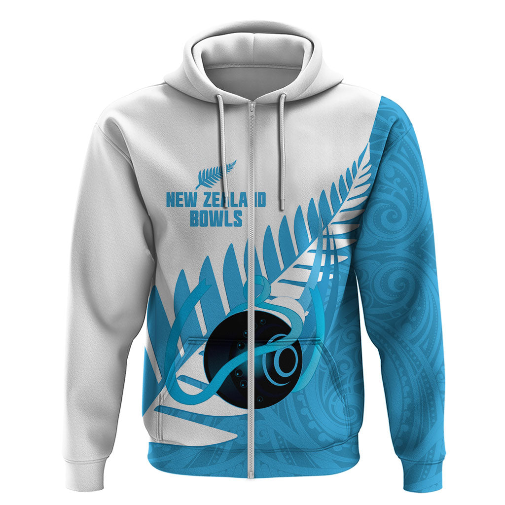 New Zealand Lawn Bowls Prostate Cancer Custom Zip Hoodie Aotearoa Maori Silver Fern Blue Ribbon
