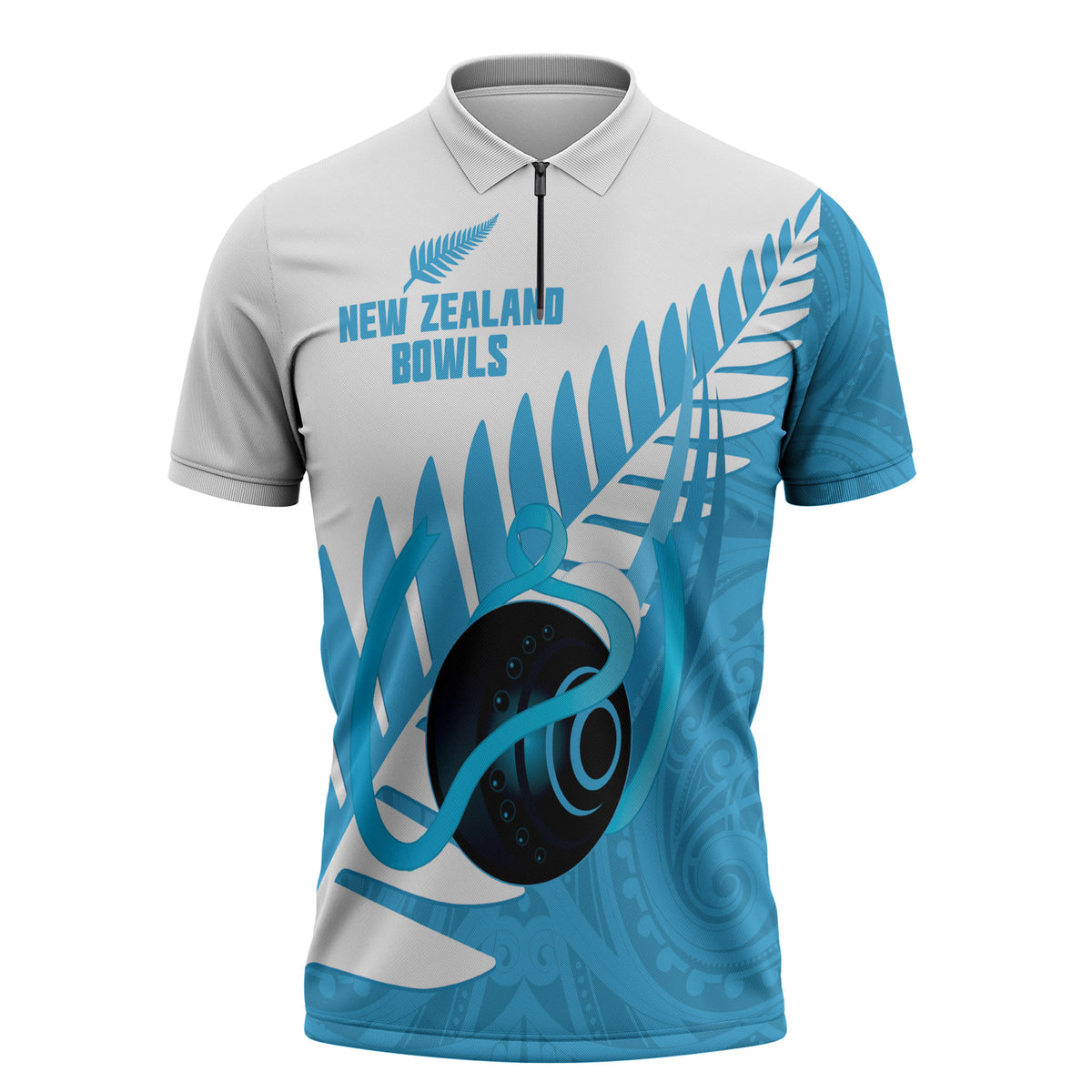 New Zealand Lawn Bowls Prostate Cancer Custom Zipper Polo Shirt Aotearoa Maori Silver Fern Blue Ribbon