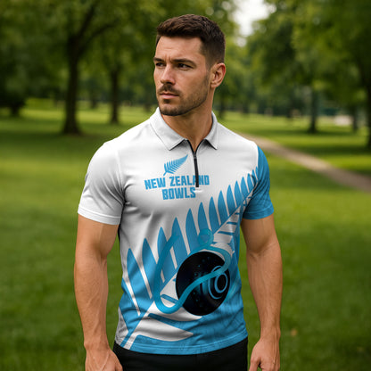 New Zealand Lawn Bowls Prostate Cancer Custom Zipper Polo Shirt Aotearoa Maori Silver Fern Blue Ribbon