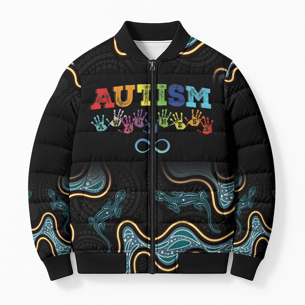 Australia Autism Support Aboriginal Lizard Bomber Puffer Jacket