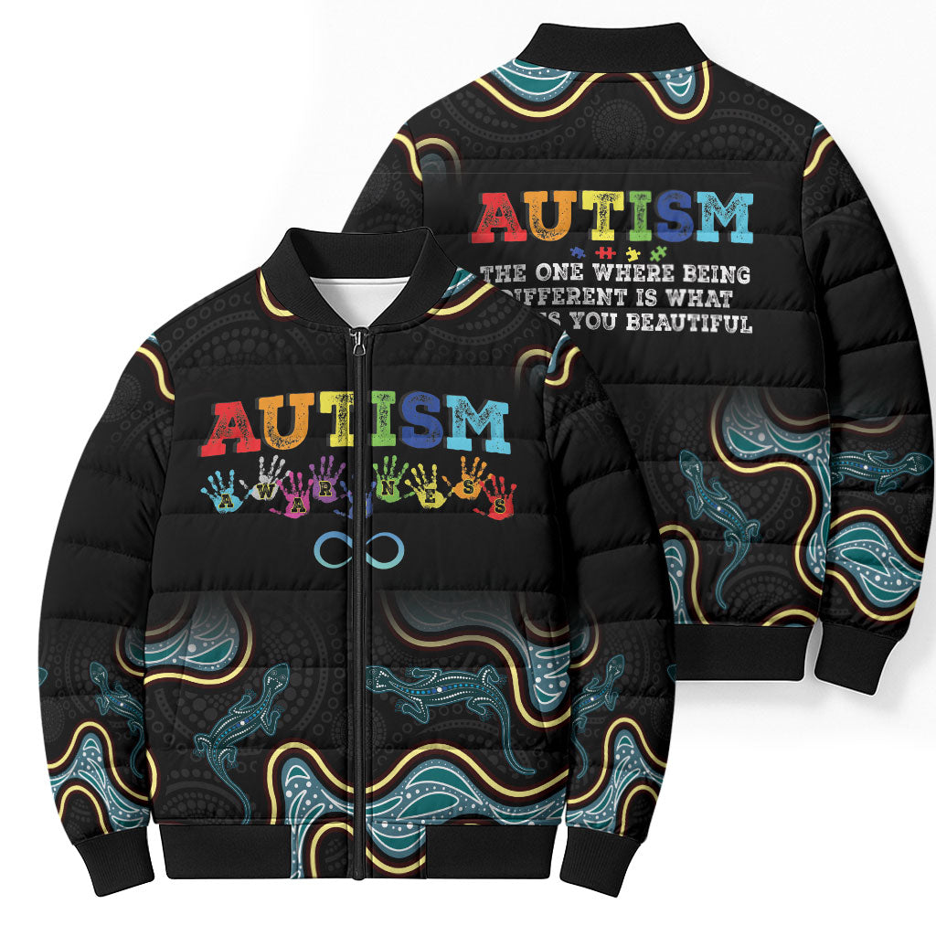 Australia Autism Support Aboriginal Lizard Bomber Puffer Jacket