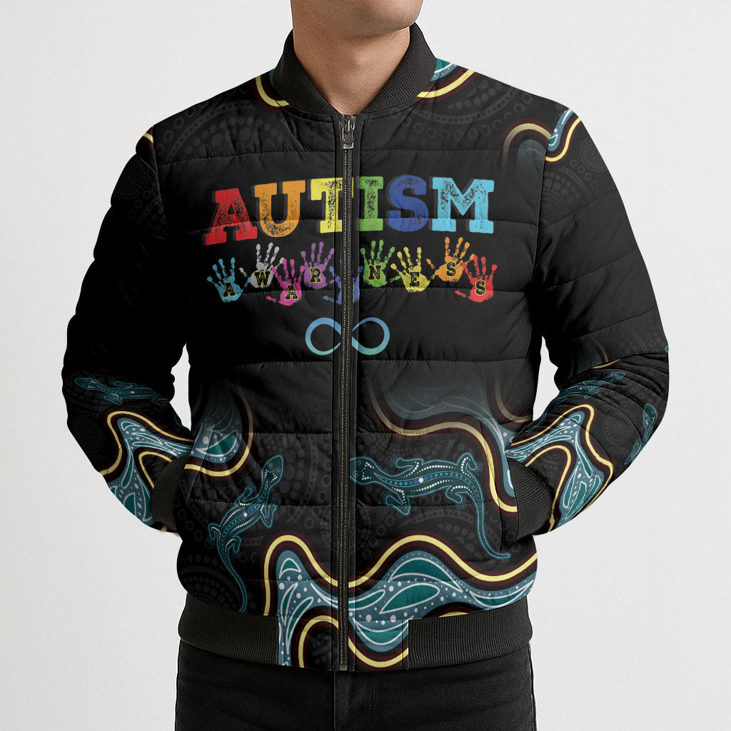 Australia Autism Support Aboriginal Lizard Bomber Puffer Jacket