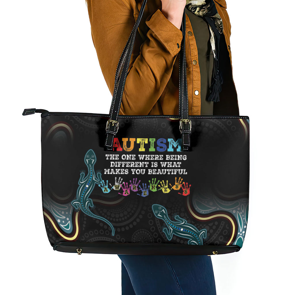 Australia Autism Support Aboriginal Lizard Leather Tote Bag