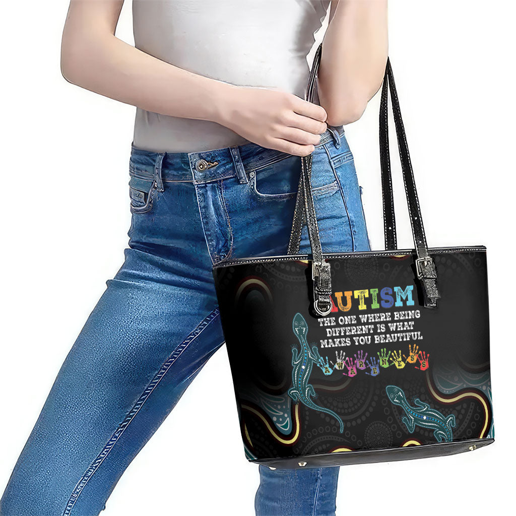 Australia Autism Support Aboriginal Lizard Leather Tote Bag
