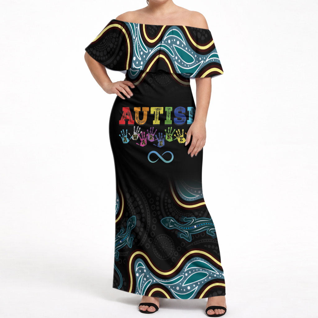 Australia Autism Support Aboriginal Lizard Off Shoulder Maxi Dress