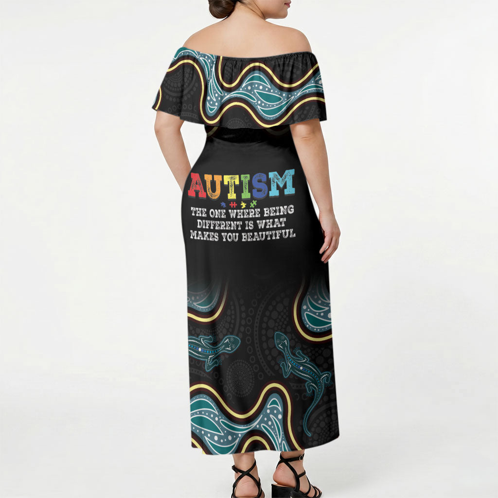 Australia Autism Support Aboriginal Lizard Off Shoulder Maxi Dress