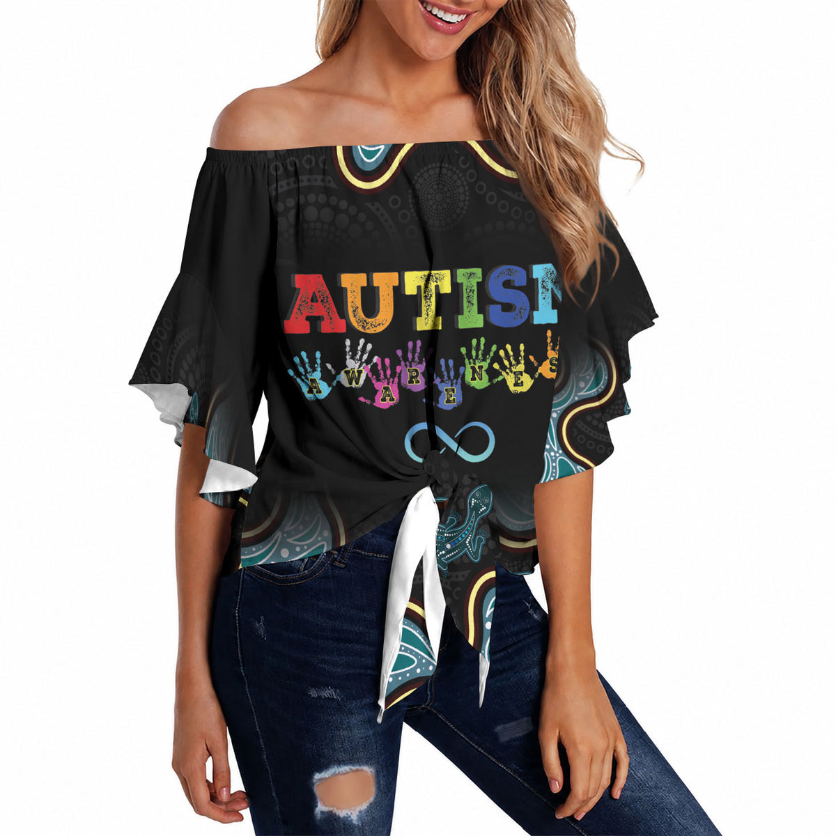 Australia Autism Support Aboriginal Lizard Off Shoulder Wrap Waist Top