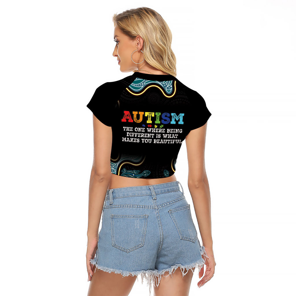 Australia Autism Support Aboriginal Lizard Raglan Cropped T Shirt