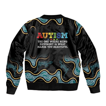 Australia Autism Support Aboriginal Lizard Sleeve Zip Bomber Jacket