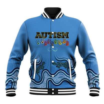 Australia Autism Support Baseball Jacket In April We Wear Blue Aboriginal Lizard