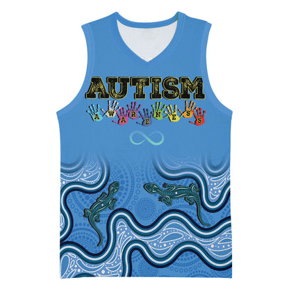 Australia Autism Support Basketball Jersey In April We Wear Blue Aboriginal Lizard