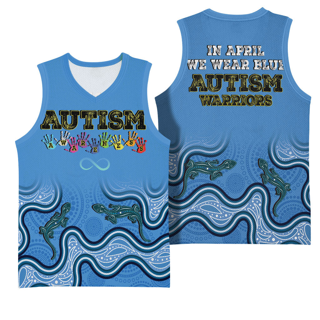 Australia Autism Support Basketball Jersey In April We Wear Blue Aboriginal Lizard