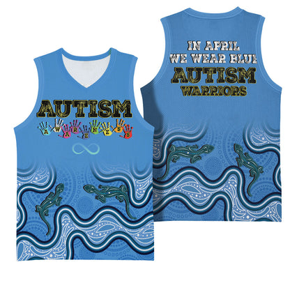 Australia Autism Support Basketball Jersey In April We Wear Blue Aboriginal Lizard