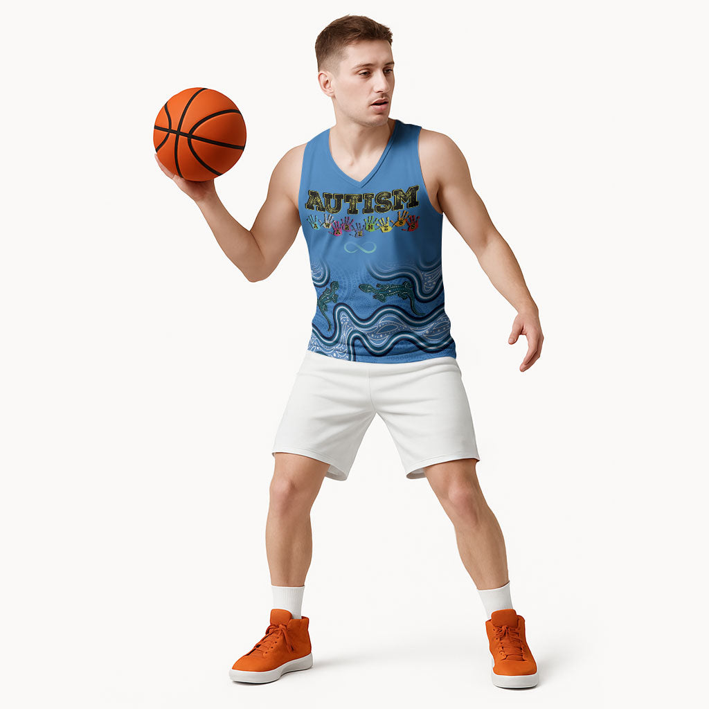 Australia Autism Support Basketball Jersey In April We Wear Blue Aboriginal Lizard