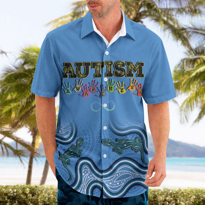 Australia Autism Support Hawaiian Shirt In April We Wear Blue Aboriginal Lizard