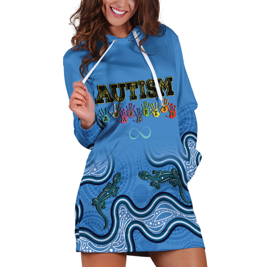 Australia Autism Support Hoodie Dress In April We Wear Blue Aboriginal Lizard