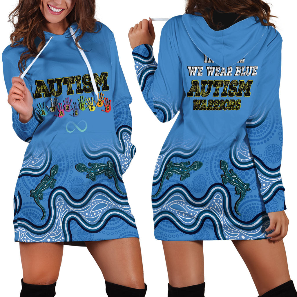 Australia Autism Support Hoodie Dress In April We Wear Blue Aboriginal Lizard