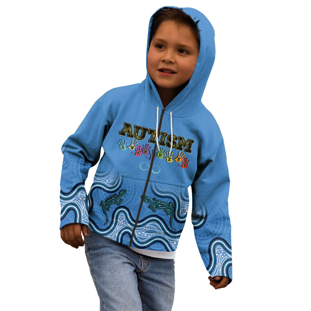 Australia Autism Support Kid Hoodie In April We Wear Blue Aboriginal Lizard