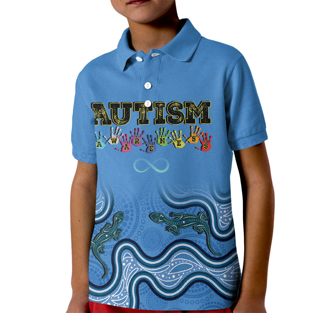 Australia Autism Support Kid Polo Shirt In April We Wear Blue Aboriginal Lizard