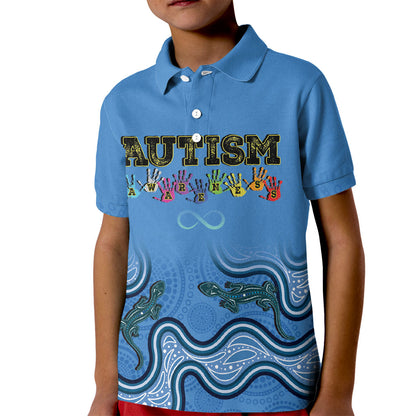 Australia Autism Support Kid Polo Shirt In April We Wear Blue Aboriginal Lizard