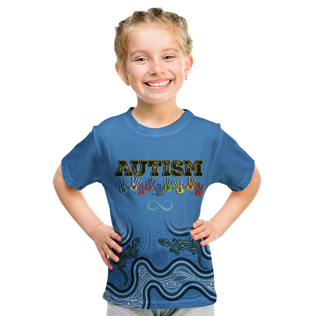 Australia Autism Support Kid T Shirt In April We Wear Blue Aboriginal Lizard