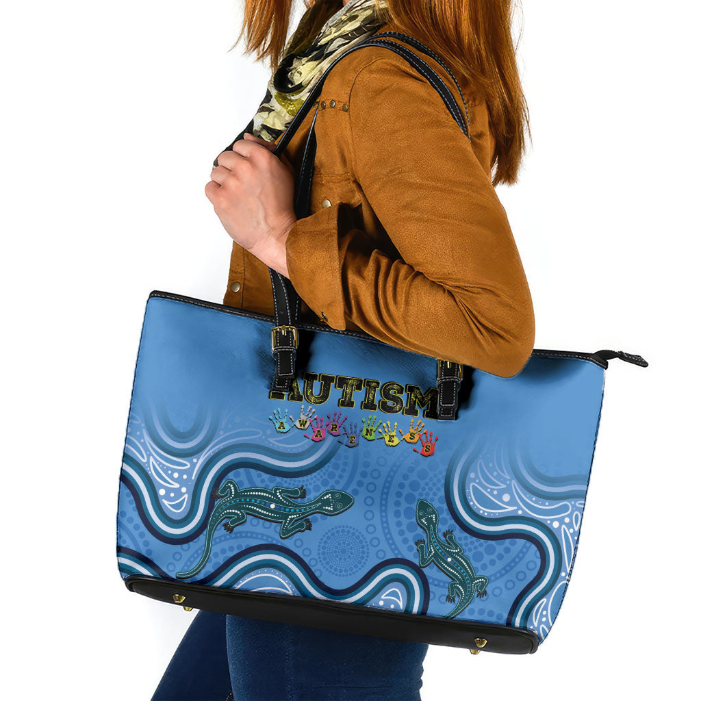 Australia Autism Support Leather Tote Bag In April We Wear Blue Aboriginal Lizard