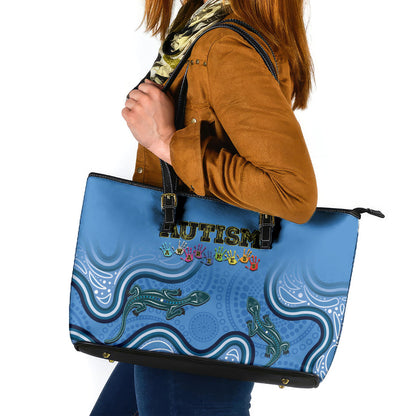 Australia Autism Support Leather Tote Bag In April We Wear Blue Aboriginal Lizard