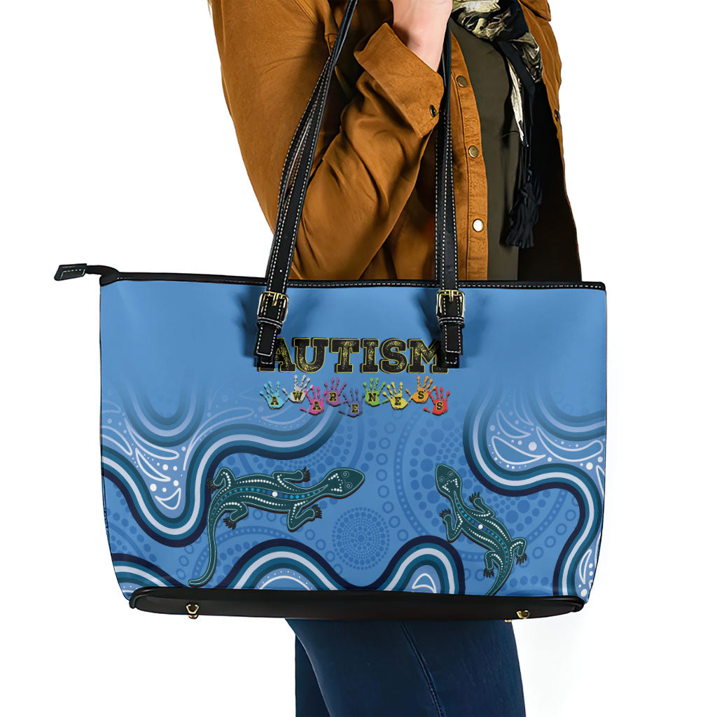 Australia Autism Support Leather Tote Bag In April We Wear Blue Aboriginal Lizard