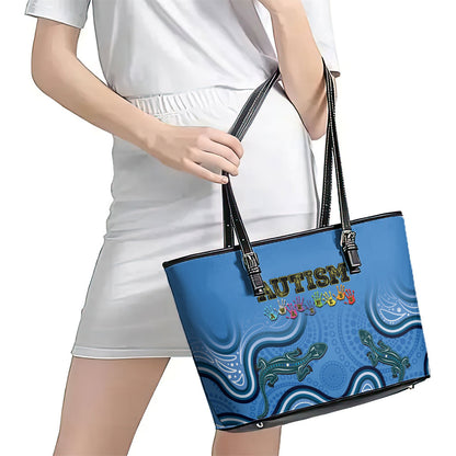 Australia Autism Support Leather Tote Bag In April We Wear Blue Aboriginal Lizard