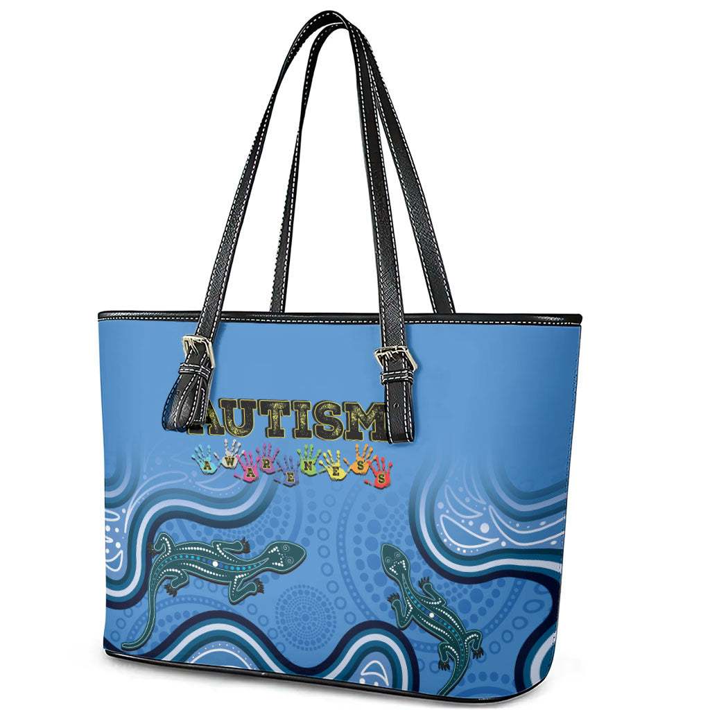 Australia Autism Support Leather Tote Bag In April We Wear Blue Aboriginal Lizard
