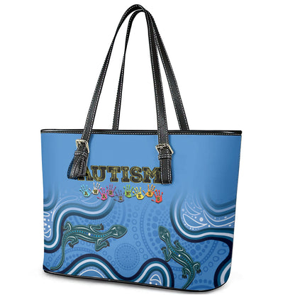 Australia Autism Support Leather Tote Bag In April We Wear Blue Aboriginal Lizard