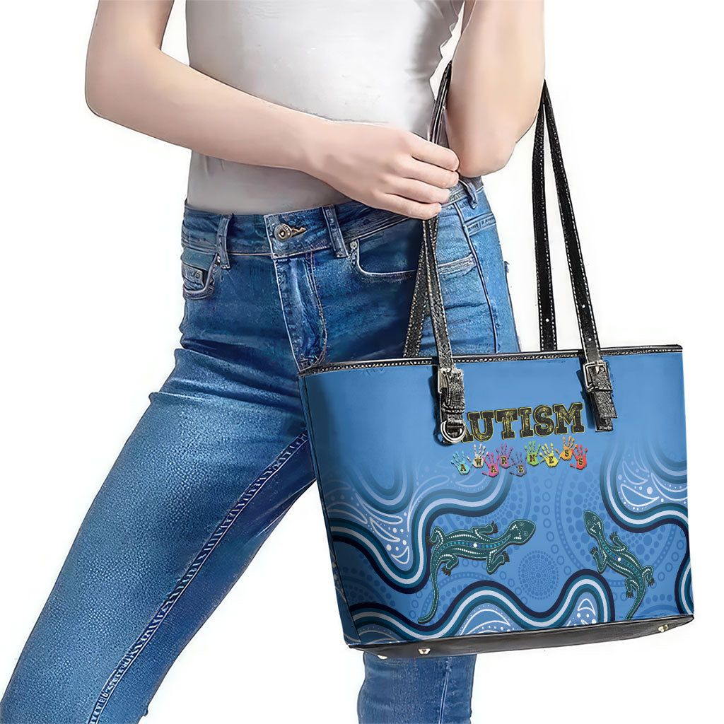 Australia Autism Support Leather Tote Bag In April We Wear Blue Aboriginal Lizard