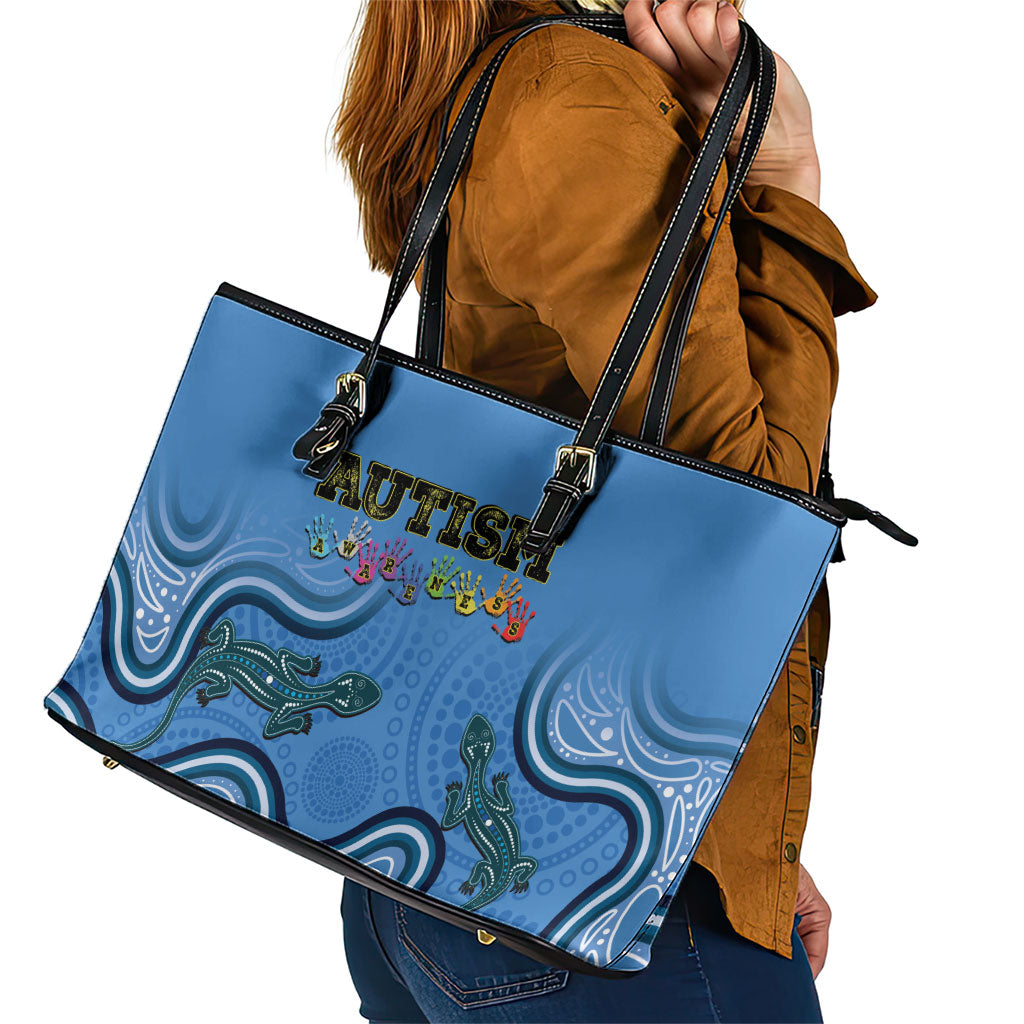 Australia Autism Support Leather Tote Bag In April We Wear Blue Aboriginal Lizard