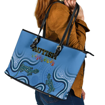 Australia Autism Support Leather Tote Bag In April We Wear Blue Aboriginal Lizard