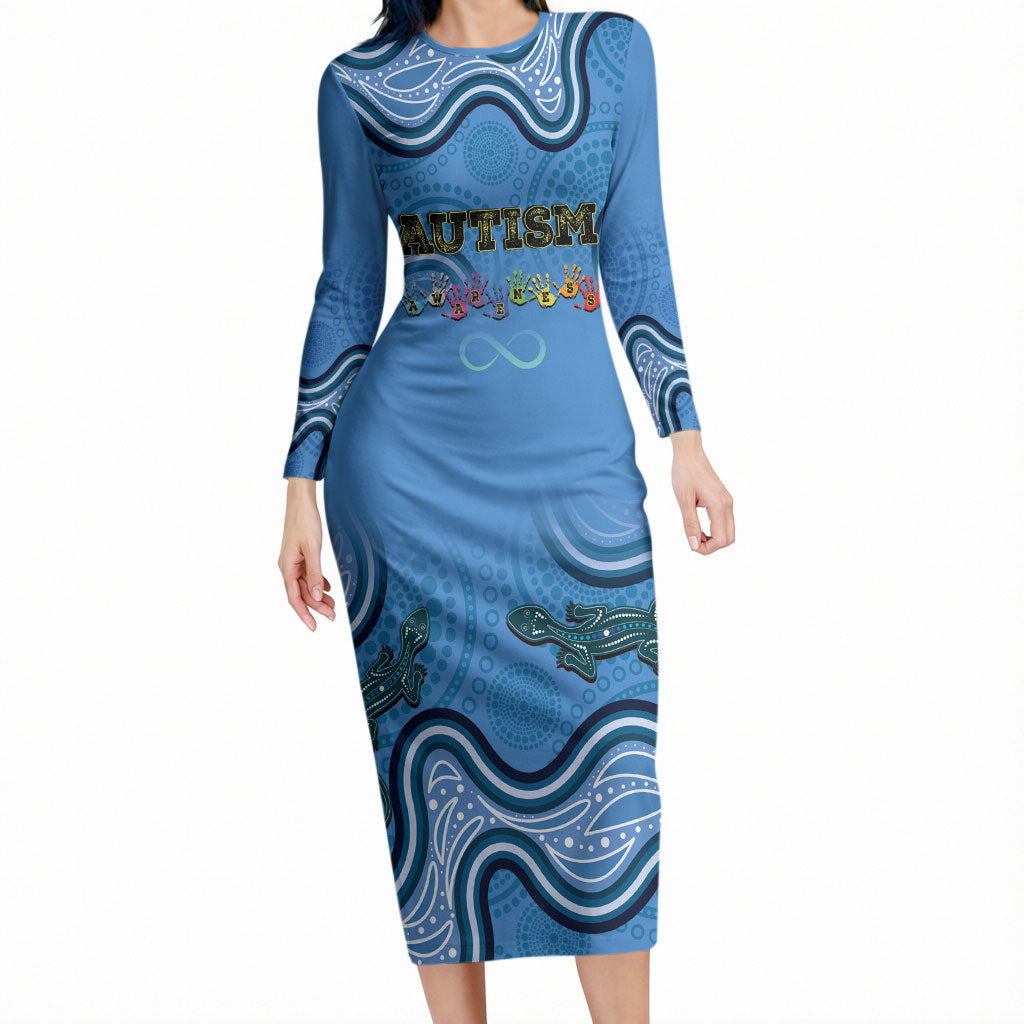 Australia Autism Support Long Sleeve Bodycon Dress In April We Wear Blue Aboriginal Lizard
