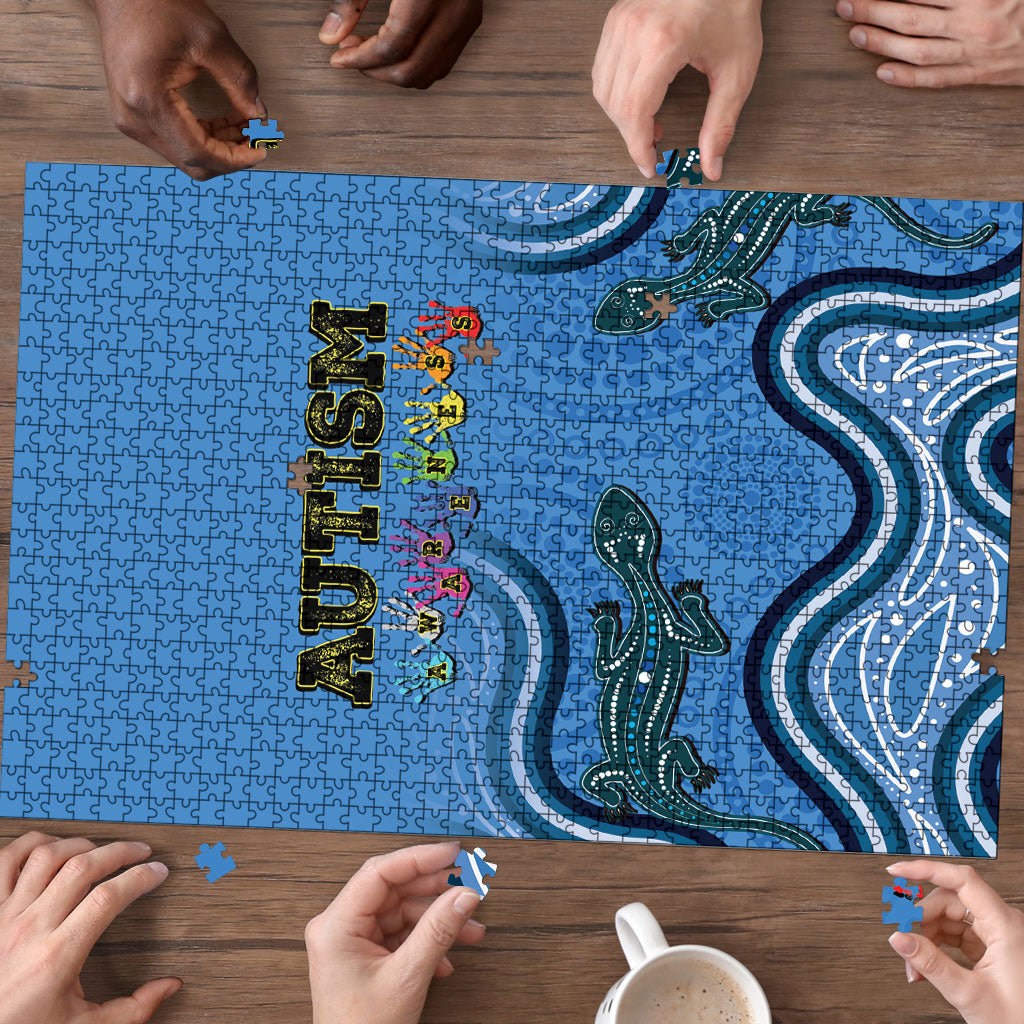 Australia Autism Support Puzzle In April We Wear Blue Aboriginal Lizard