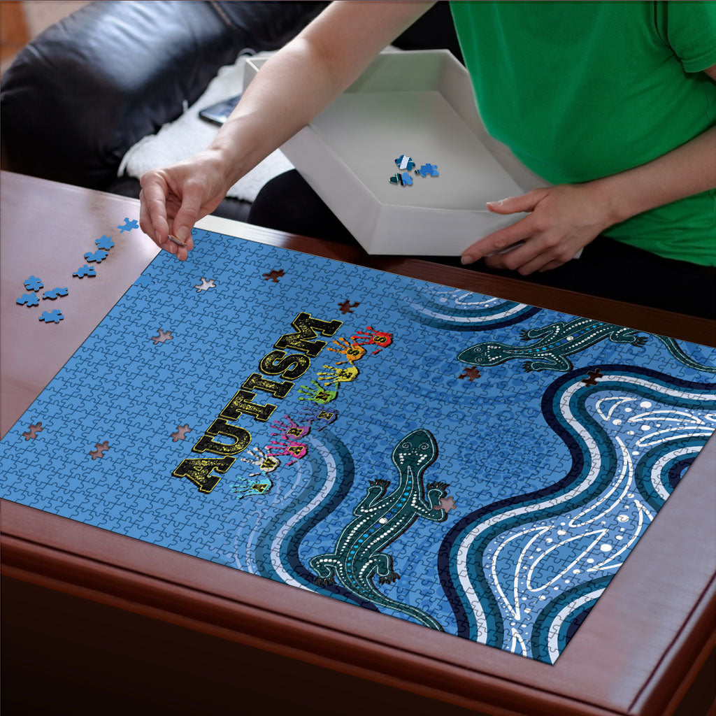 Australia Autism Support Puzzle In April We Wear Blue Aboriginal Lizard