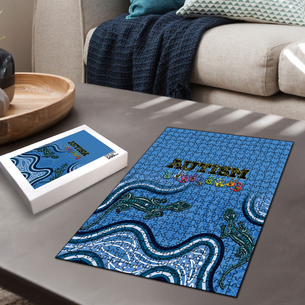 Australia Autism Support Puzzle In April We Wear Blue Aboriginal Lizard