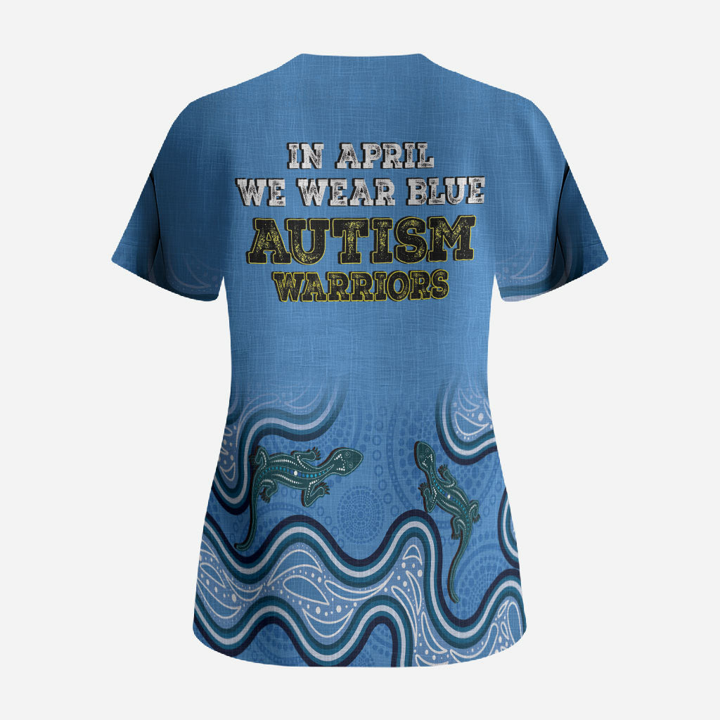 Australia Autism Support Scrub Top In April We Wear Blue Aboriginal Lizard