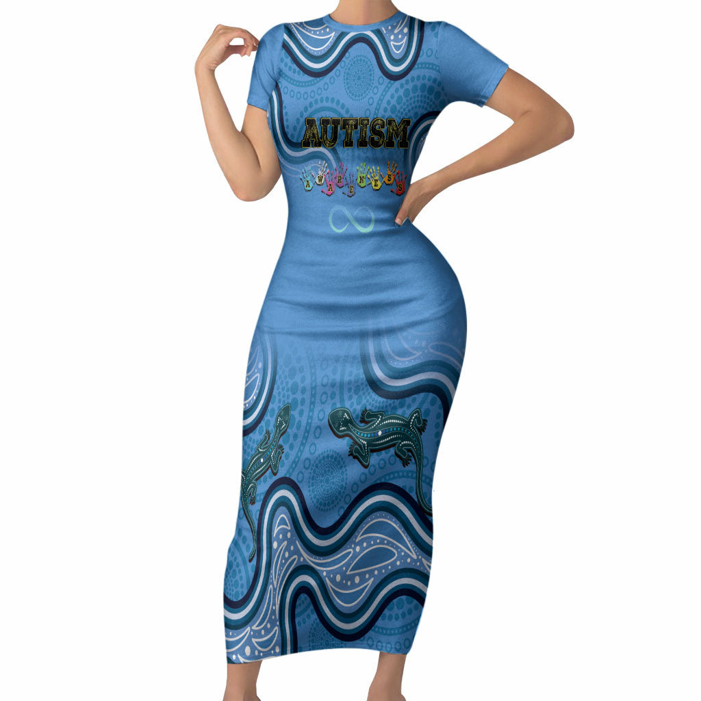Australia Autism Support Short Sleeve Bodycon Dress In April We Wear Blue Aboriginal Lizard